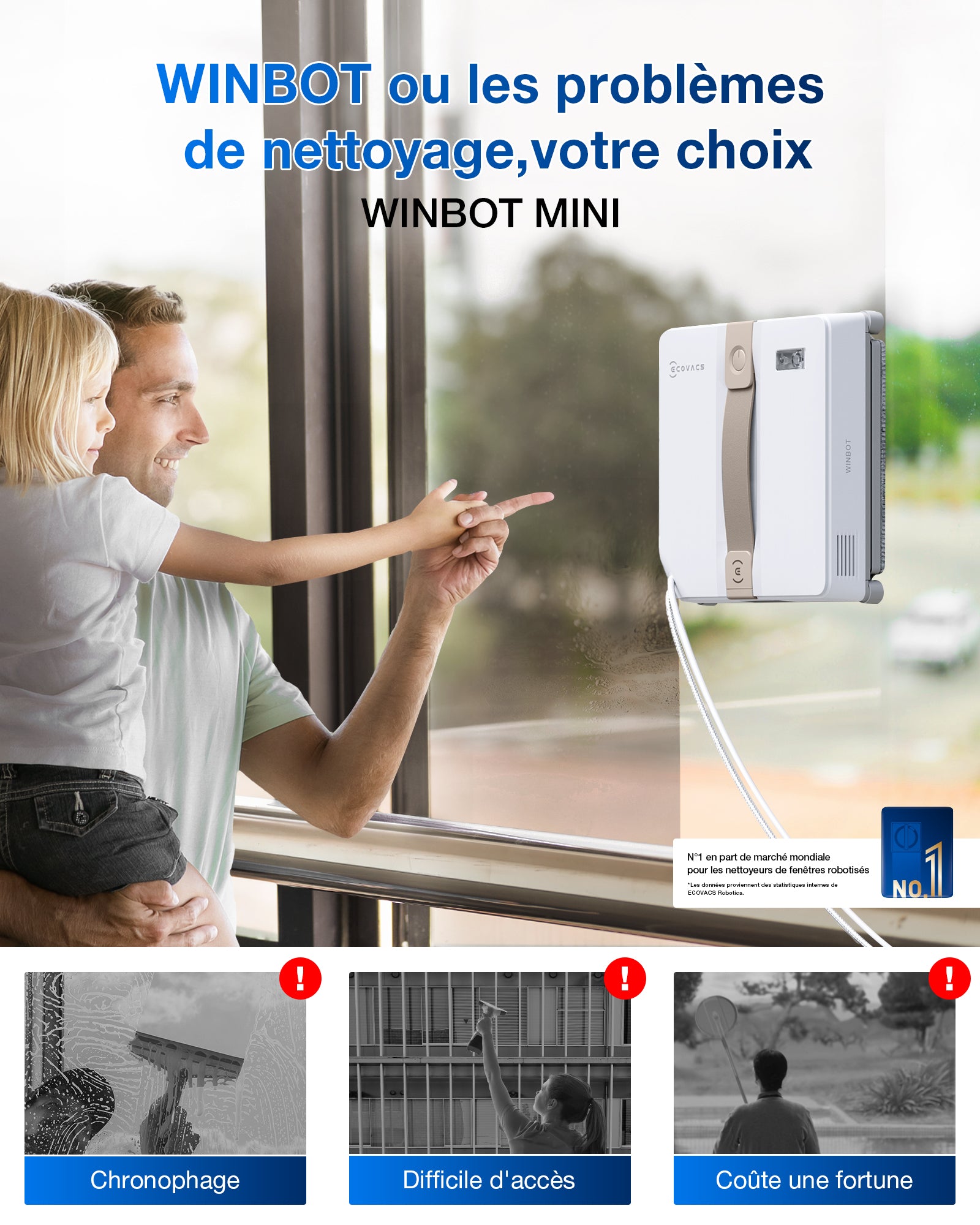 Robot lave-vitres ECOVACS WINBOT MINI - Beige, design compact, double buses avec pulvérisation ultrasonique, système de protection à 9 niveaux