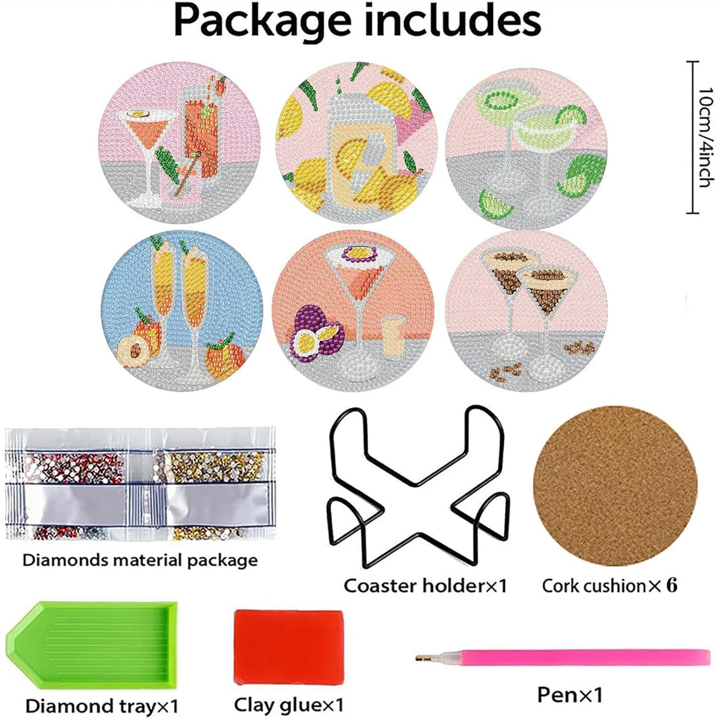 Ju7cer Lot de 6 sous-verres de peinture diamant 5D avec support - Art cocktail DIY pour tables à boissons et de café