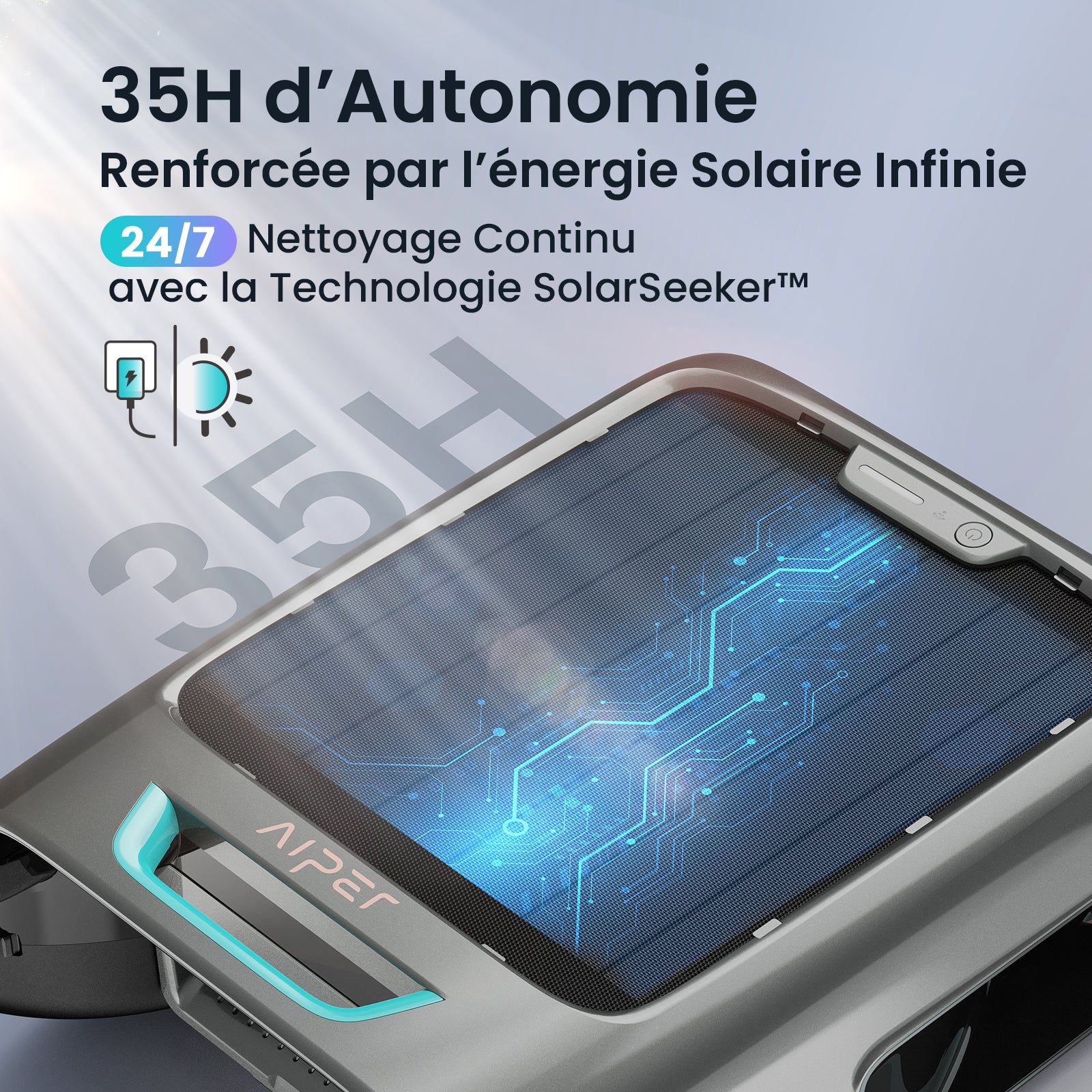 Aiper EcoSurfer S2 – Robot écumeur de piscine solaire sans fil | Nettoyage de surface 24 h/24, 7 j/7 avec autonomie 35 h, Contrôle via application Wi-Fi/Bluetooth