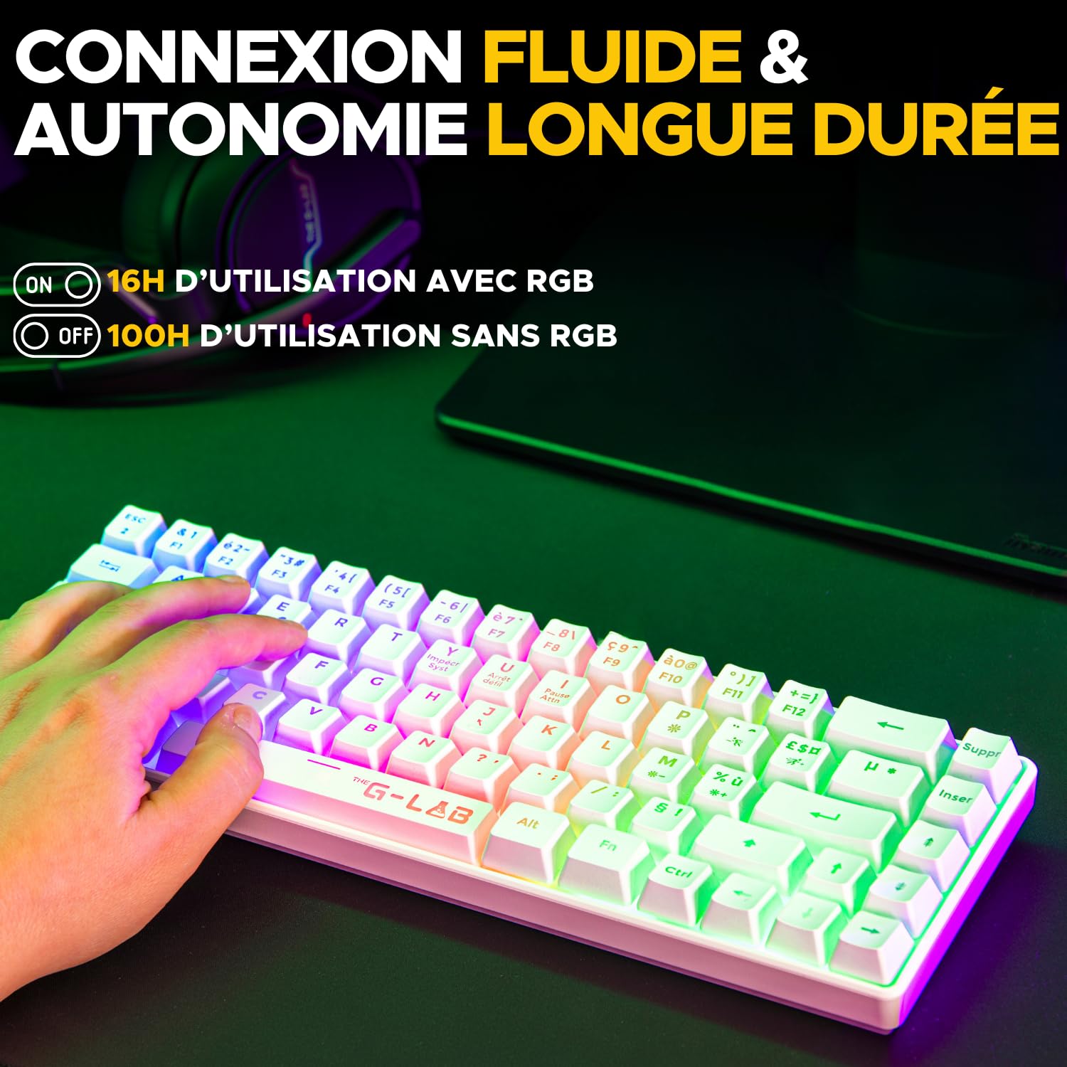 THE G-LAB KEYZ HYDROGEN Clavier Gaming Membrane Sans Fil RGB TKL - AZERTY - Blanc