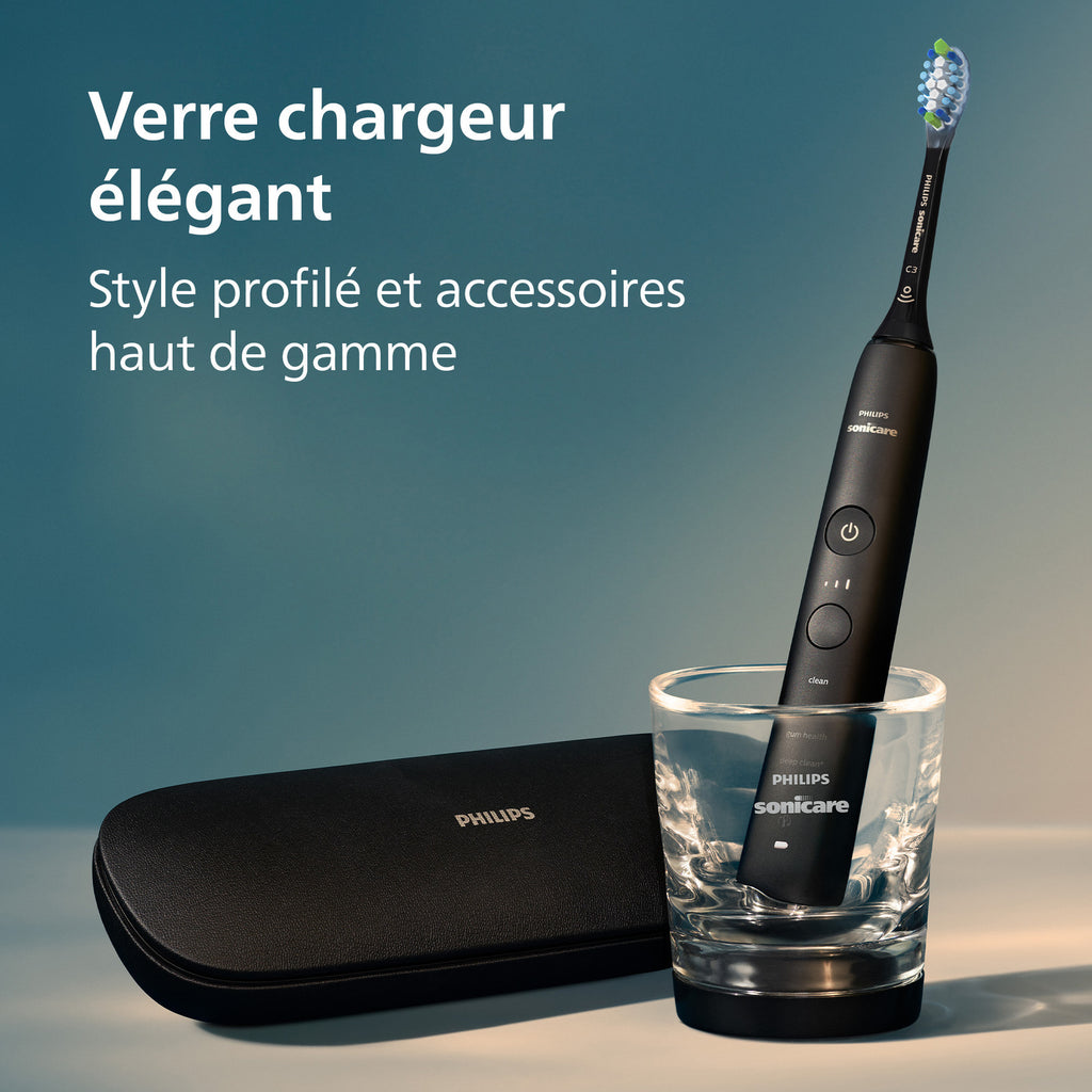 Philips Sonicare DiamondClean 9000 HX9913/18 Brosse à dents électrique avec application, capteur de pression, 4 modes de brossage, 3 niveaux d'intensité, verre de charge, coffret voyage USB - Noir