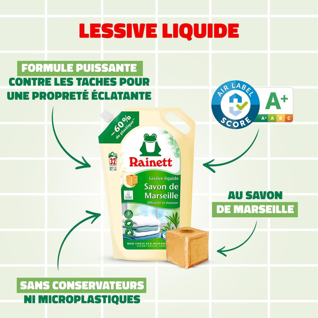 RAINETT Recharge Lessive Liquide Écologique au Savon de Marseille 1.6L (32 Lavages)