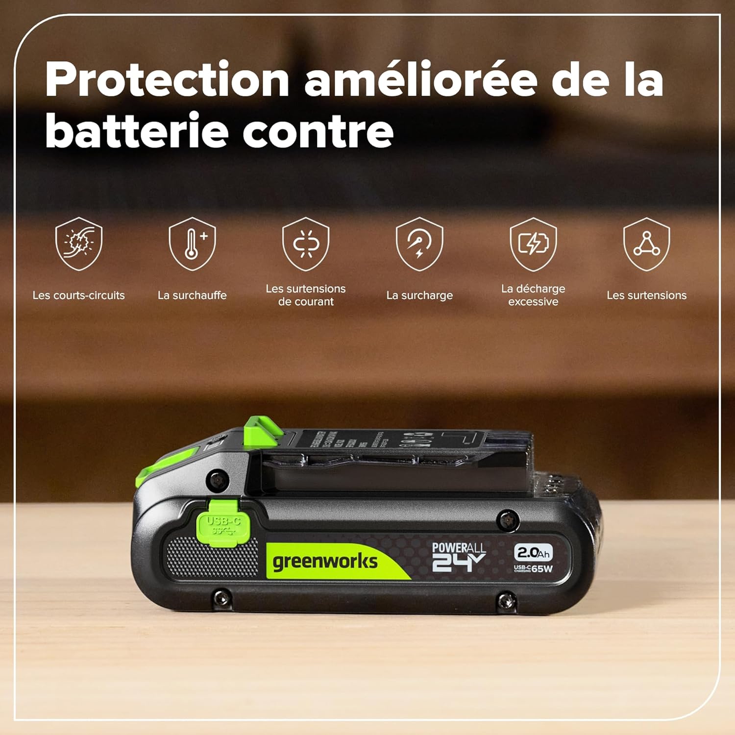 Greenworks Kit de Démarrage 24 V 1x Batterie USB HP 2 Ah + Chargeur 65 W + Câble 100 W 1 m