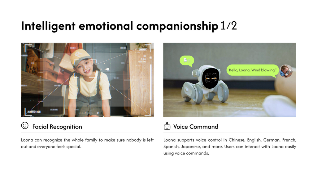 Compagnon robotique familial haut de gamme Loona KEYI, équipé de l'IA ChatGPT-4, commande vocale et gestuelle, interaction en temps réel, surveillance domestique