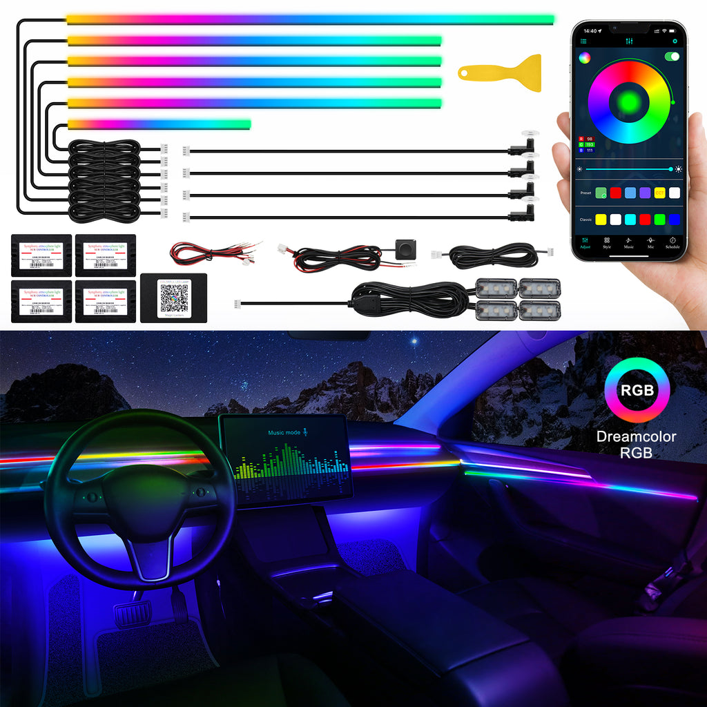 VGETTING Bande lumineuse LED acrylique Dreamcolor pour intérieur de voiture avec application sans fil, Kit d'éclairage d'ambiance à fibre optique RVB 14 en 1 175 po 593 LED