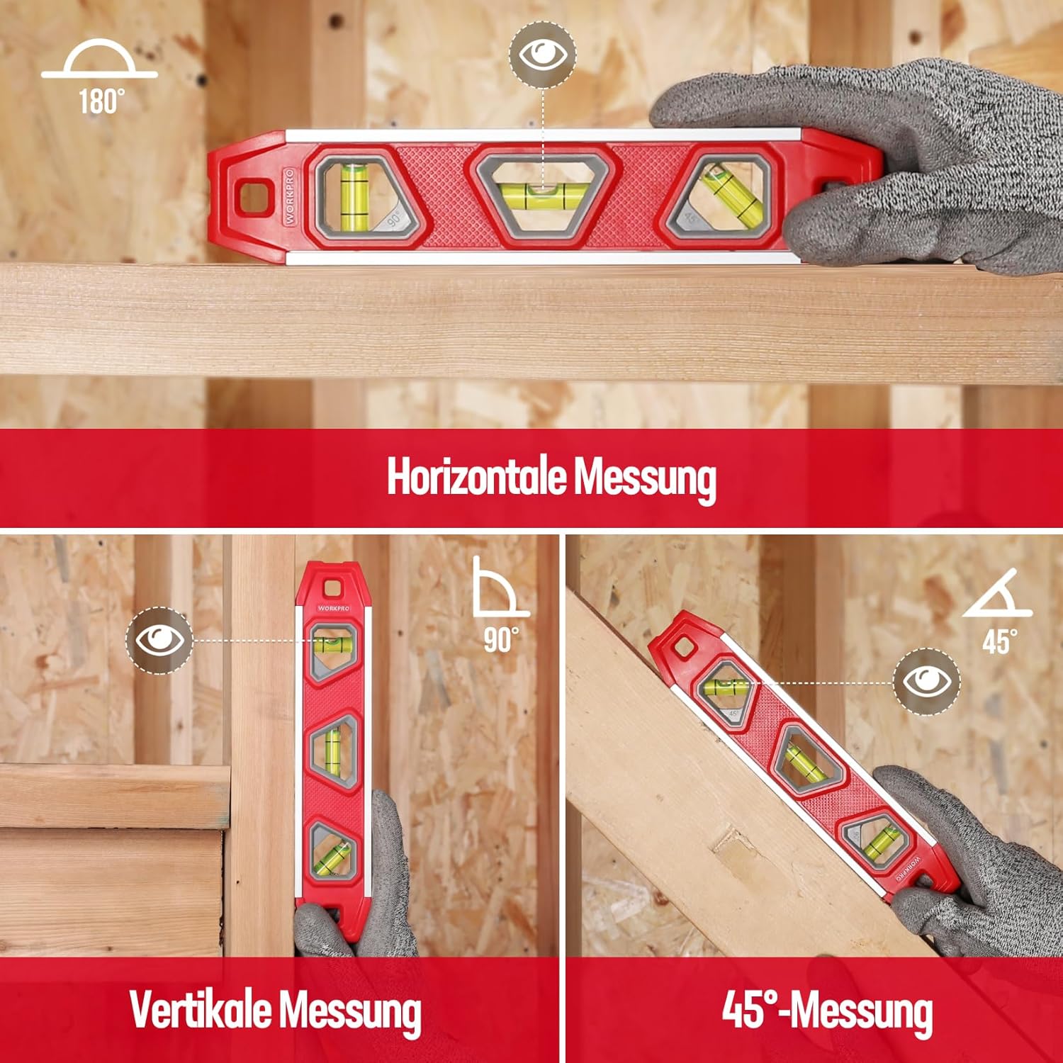 WORKPRO Niveau à bulle magnétique mini torpédo avec 3 niveaux 45°/90°/180° - 23 cm