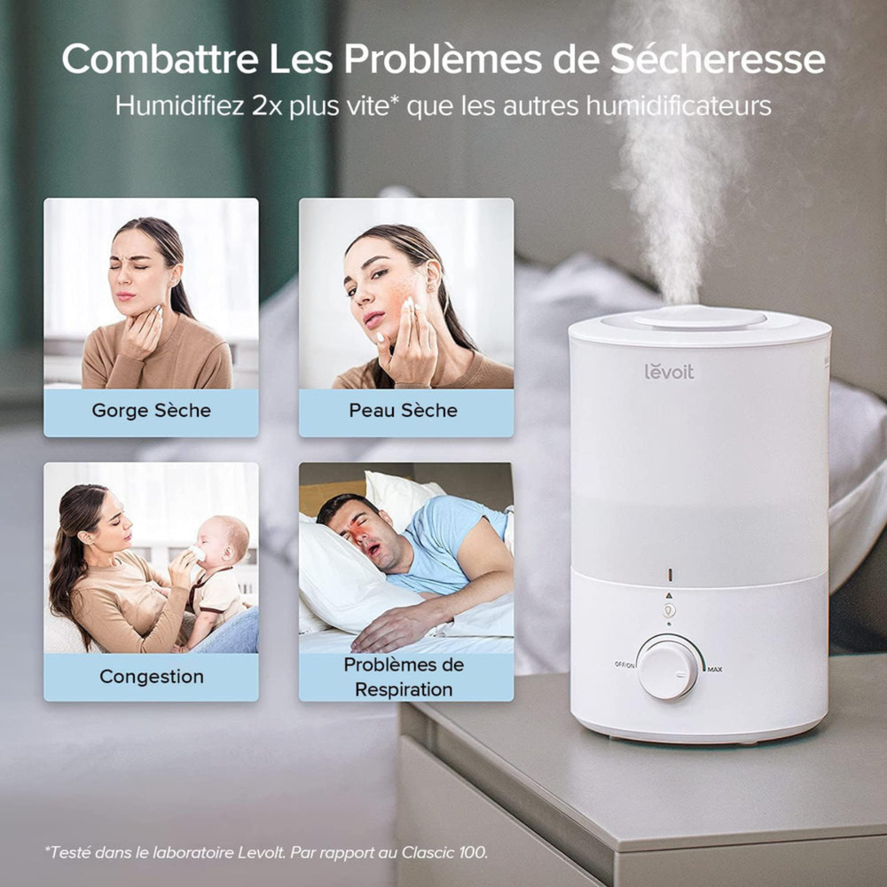 LEVOIT D302 Dual 150 Humidificateur d’air à ultrasons à brume froide Blanc