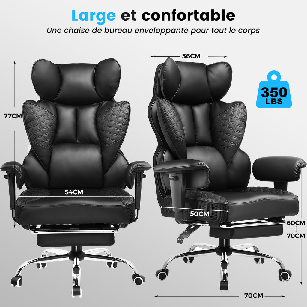 GTPlayer Chaise de bureau ergonomique pour grands gabarits, chaise de direction robuste avec repose-pieds, chaise pivotante inclinable à dossier haut en cuir PU, pour ordinateur et maison