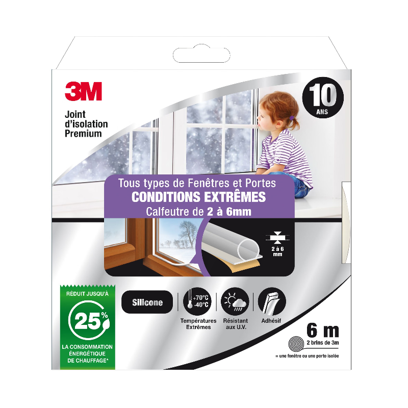 3M™ Premium Bande d'étanchéité en silicone transparente pour portes et fenêtres en très mauvais état 6 m