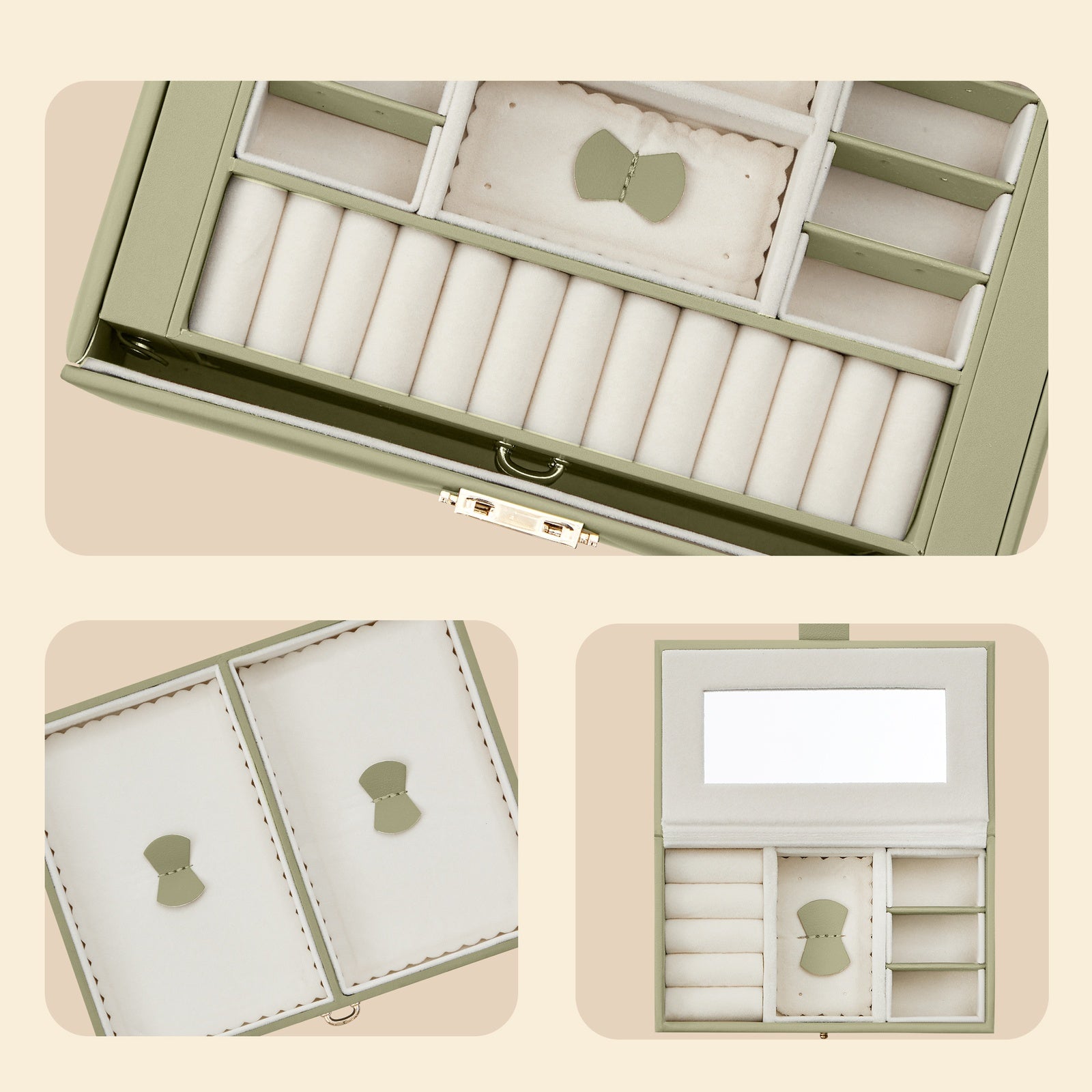 JOYFURNOS Boîte de rangement pour bijoux à 3 niveaux, Organisateur verrouillable avec poignée et 2 tiroirs, Cadeau pour femme, Usage de voyage, Vert