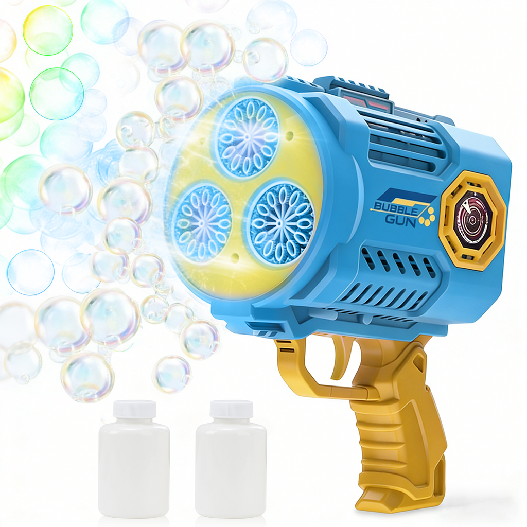 TOKKY Pistolet à bulles électrique 36 trous pour enfants avec lumières colorées et liquide à bulles de remplacement - Bleu