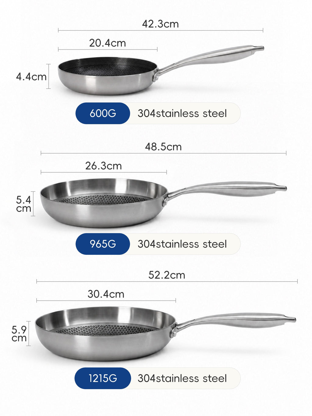 PURE COOK Set de 3 poêles à frire en acier inoxydable|20 cm|26 cm|30 cm|Poêles à bord coupé 304|Ustensiles de cuisson durables pour cuisine à domicile