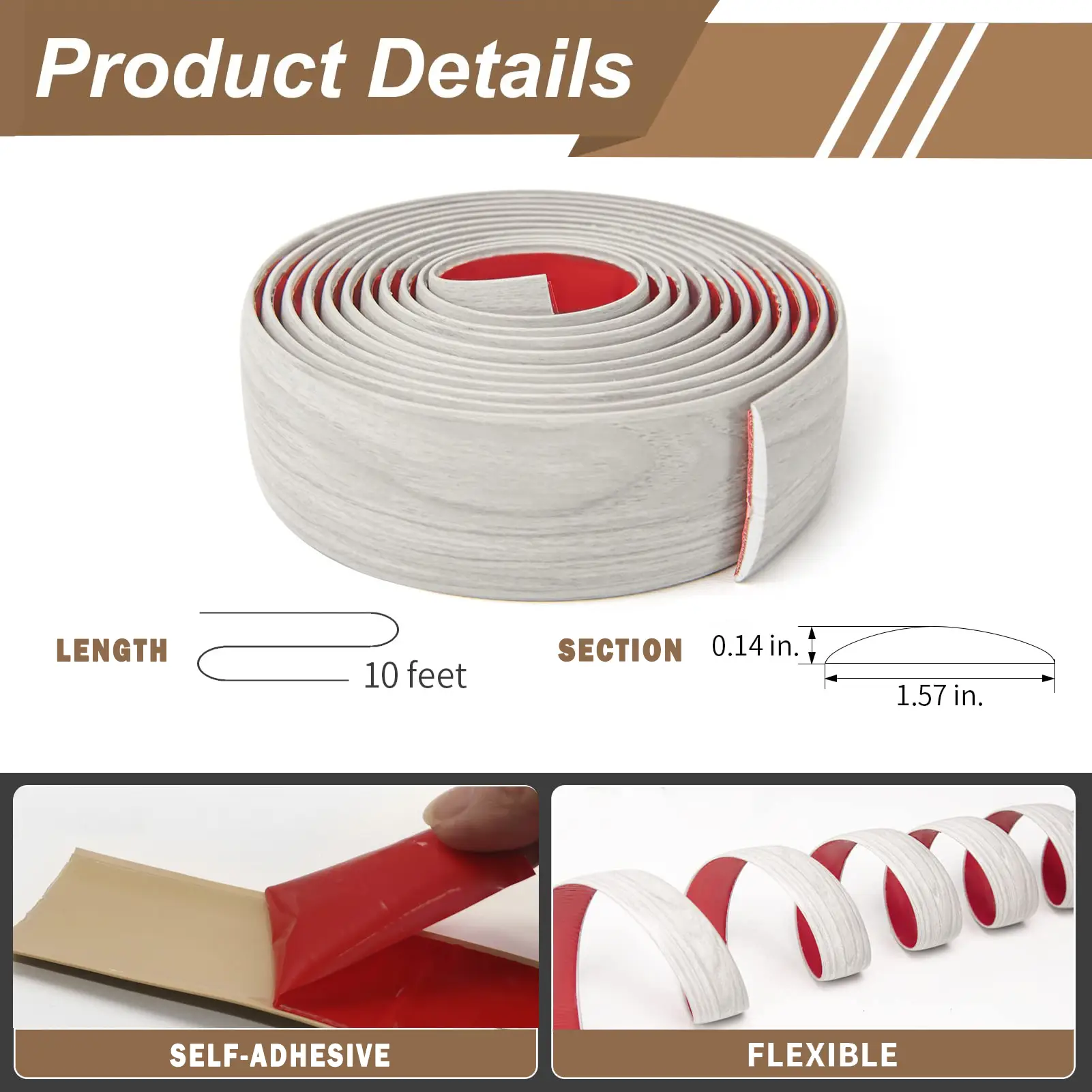 Art3d Bande de transition adhésive en vinyle pour sols - 300 x 4 x 0,3 cm, Blanc lavé - Couvre-joints facile à poser pour sols stratifiés, carrelés et tapis