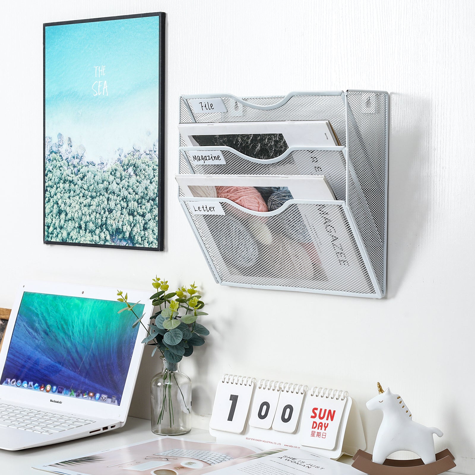 Senhoglb Porte-documents mural A4 en maille métallique à 3 niveaux, Blanc, Soldes du Nouvel An, Meilleures idées cadeaux