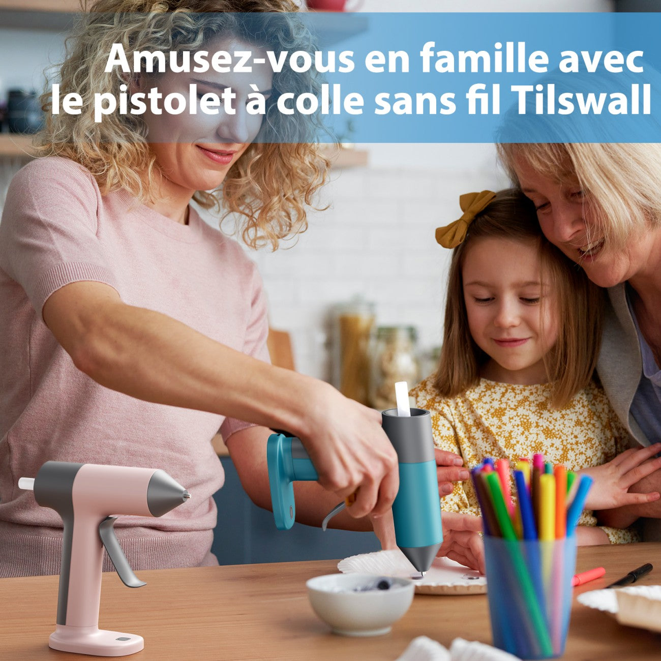 TILSWALL Ideal Mini pistolet à colle chaude sans fil avec 20 bâtons de colle 7 x 140 mm, Rechargeable USB-C, Chauffage rapide 30 s, Buse anti-goutte, Bleu