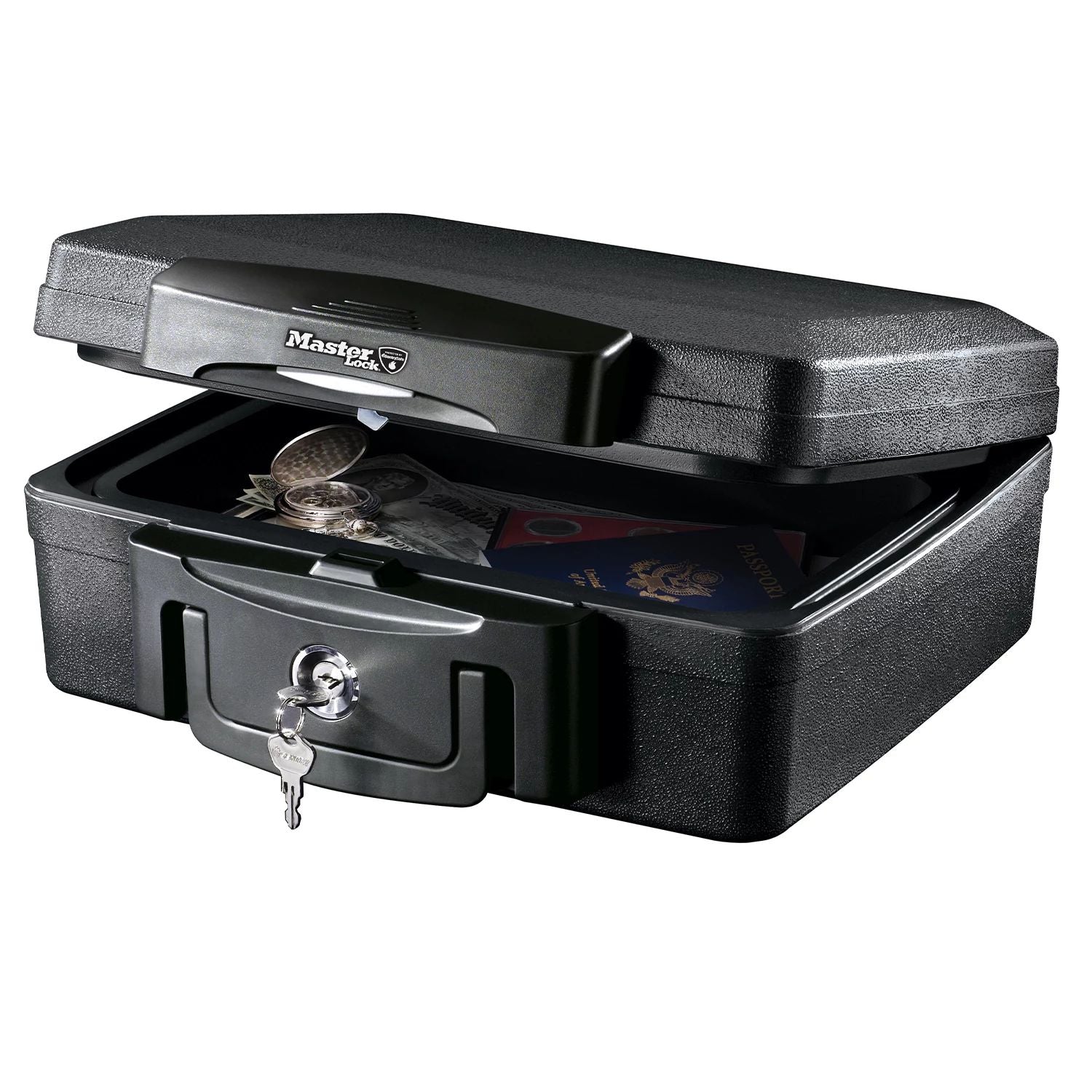 Master Lock Boîte de sécurité certifiée résistante au feu et à l’eau, avec clé, 4,9 L, 362 x 156 x 330 mm, portable avec poignée de transport, pour la maison et les professionnels