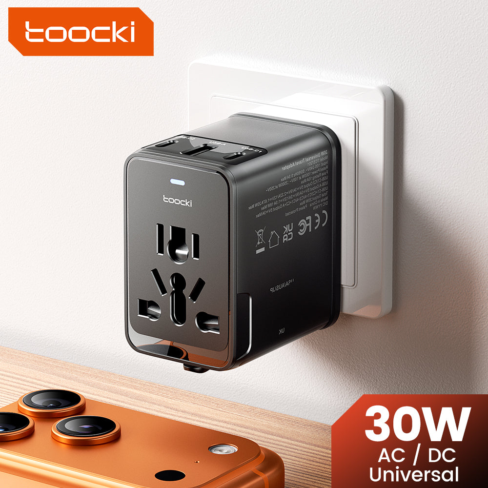 toocki Adaptateur de voyage universel 30 W, chargeur rapide PD – Adaptateur d’alimentation international avec 1 port USB-A et 2 ports USB-C – Adaptateur de prise pour EU, UK, US, AUS