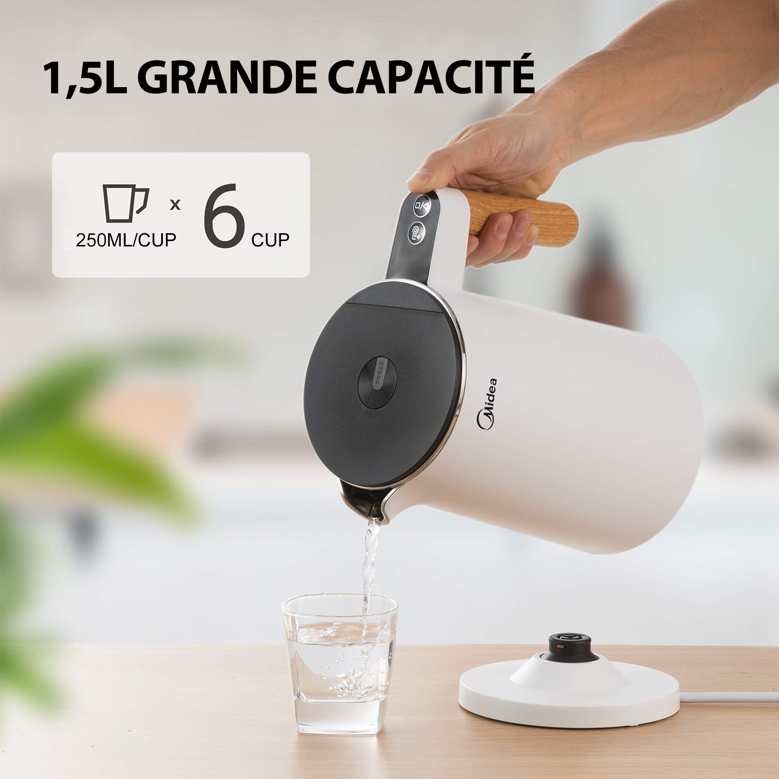 Midea Bouilloire électrique en acier inoxydable - 1,5 L - 2200 W - Ébullition rapide - Contrôle de la température - Maintien au chaud de 45 à 100 °C - Affichage LED - Double paroi - Sans BPA - Blanc