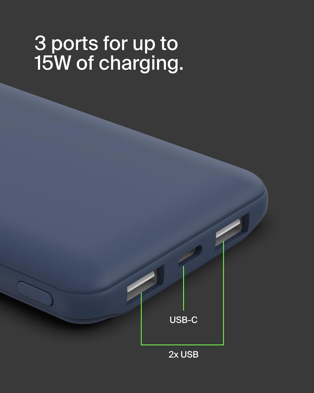 Belkin Batterie Externe BOOST CHARGE™ 10 000 mAh avec USB-C 15W, Double Port USB-A, Câble USB-A vers USB-C 15 cm, Bleu