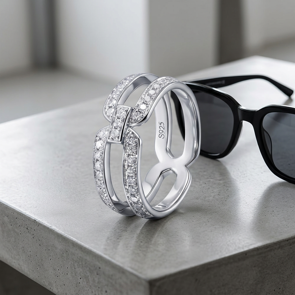 ALAIN MICHAL Intertwine 925 Argent Sterling Bague Diamant Semi-Baguet 43 Diamants Blancs 0,452-0,516 ct Largeur de Bague 7 mm Taille 55