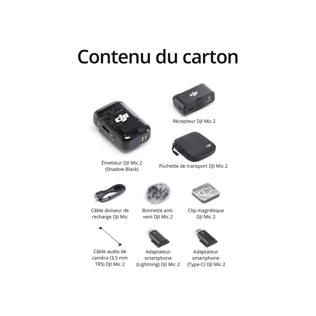 DJI Mic 2 Microphone sans fil avec réduction intelligente du bruit, enregistrement 32 bits, son optimisé et portée de 250 m - 1 émetteur + 1 récepteur