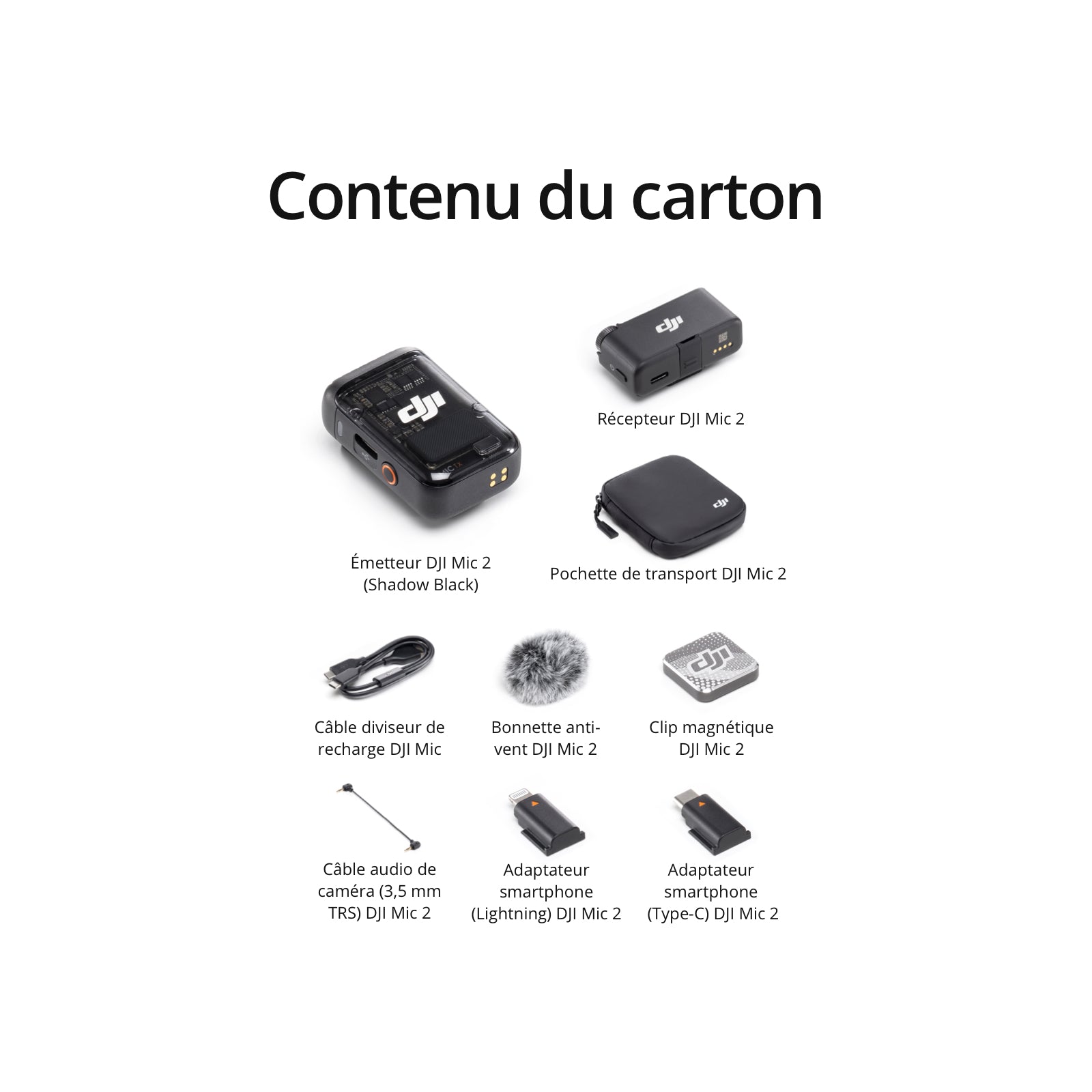 DJI Mic 2 Microphone sans fil avec réduction intelligente du bruit, enregistrement 32 bits, son optimisé et portée de 250 m - 1 émetteur + 1 récepteur