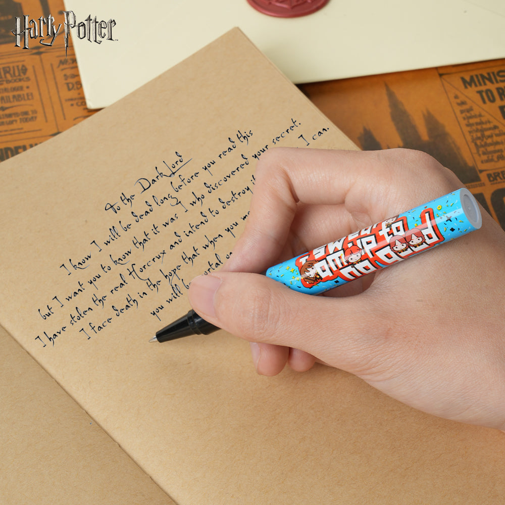 Warner Bros. Lot de 3 stylos Harry Potter à personnages stylisés mignons sous licence officielle encre bleu-noir Monde des sorciers cadeau de papeterie