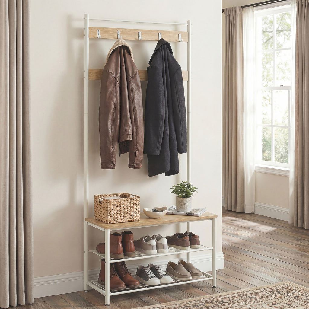 JOYFURNOS Portemanteau, Vestiaire d'entrée avec banc de rangement pour chaussures, 32 x 70 x 177 cm, Industriel, Naturel et blanc