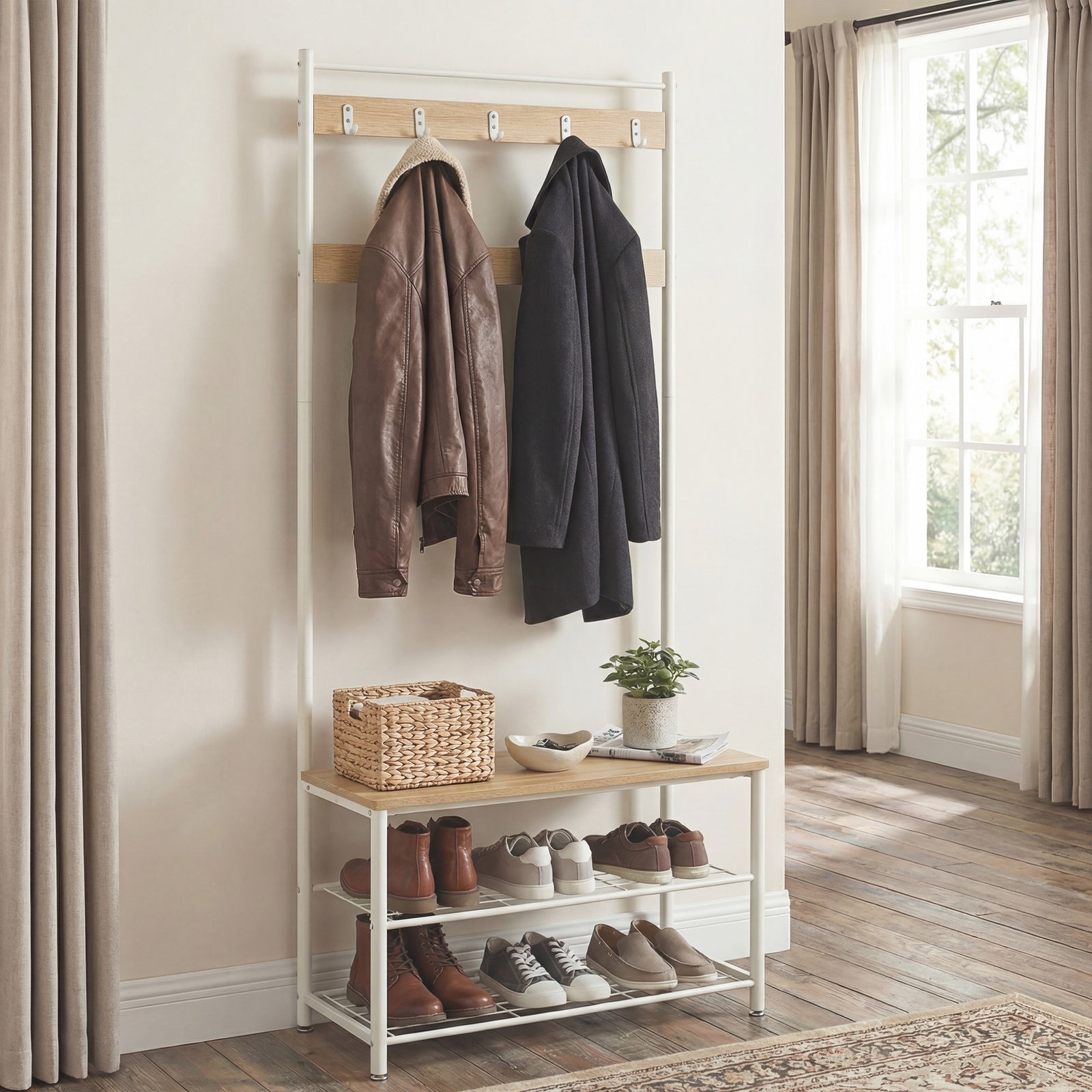 JOYFURNOS Portemanteau, Vestiaire d'entrée avec banc de rangement pour chaussures, 32 x 70 x 177 cm, Industriel, Naturel et blanc