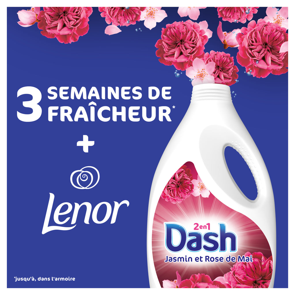 Dash 2en1 Lessive Liquide, Jasmin et Rose de Mai, 70 Lavages, 3,15 L, Fabriqué en France