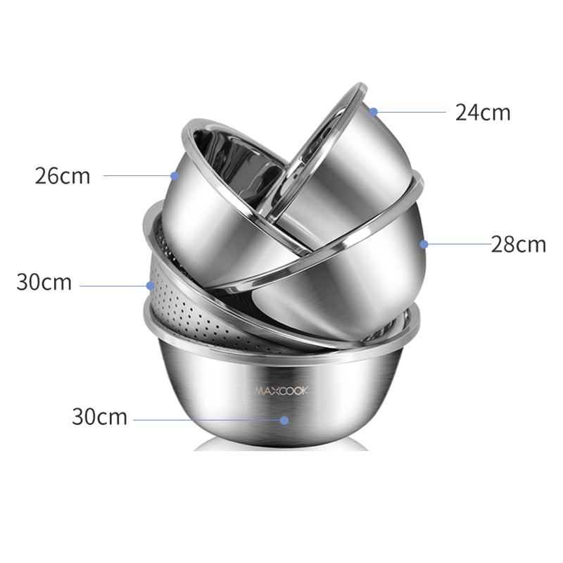 Maxcook Lot de 5 bols en acier inoxydable 304 avec égouttoir - bols épaiscis pour légumes et assaisonnements - 30 cm (MCWA797)