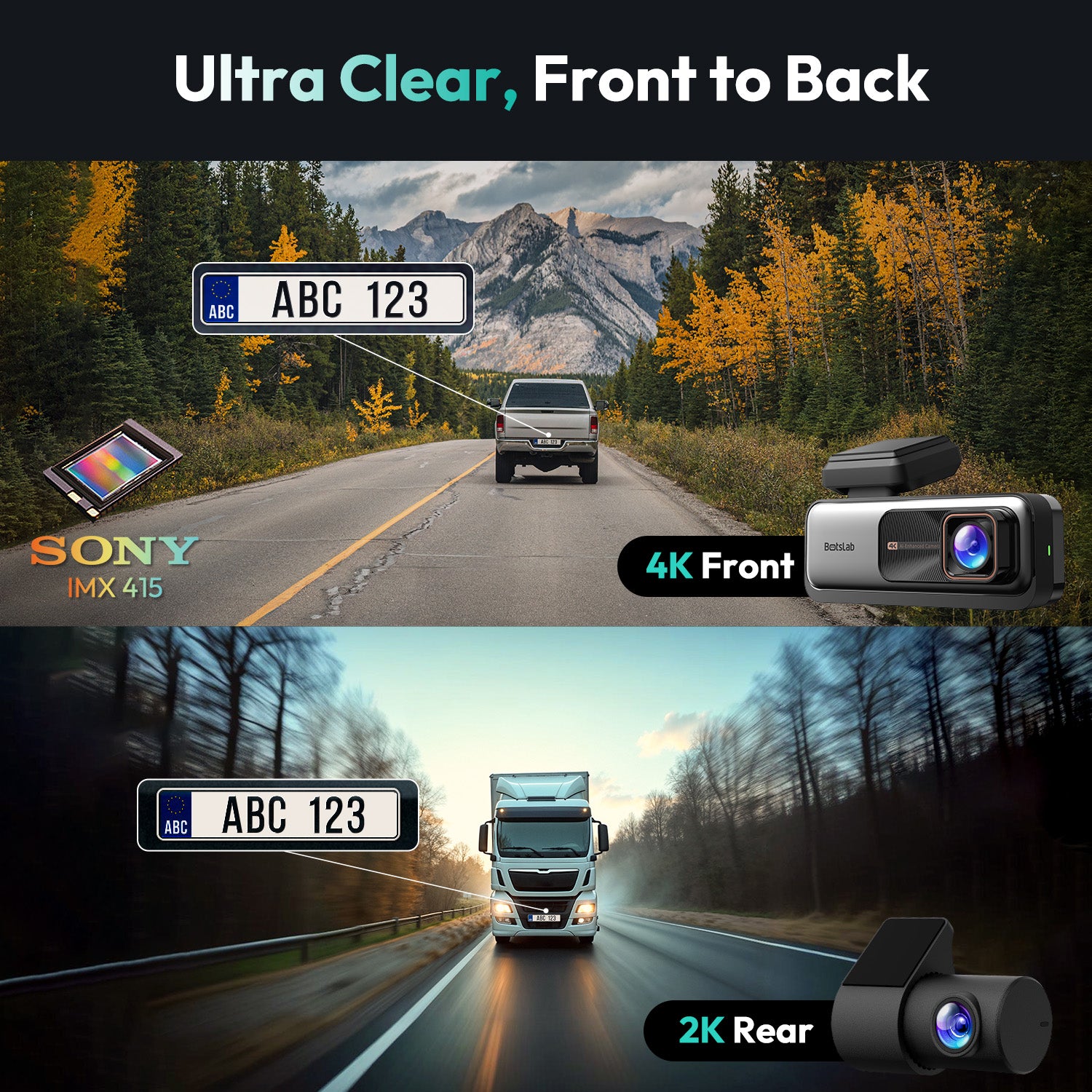 BOTSLAB Dashcam avant et arrière 4K, ultra grand-angle 170°, 4K+2K avec ADAS, vision nocturne, mode stationnement 24/7, capteur Sony STARVIS, WDR, Wi‑Fi 5,8 GHz, GPS intégré, enregistrement en boucle