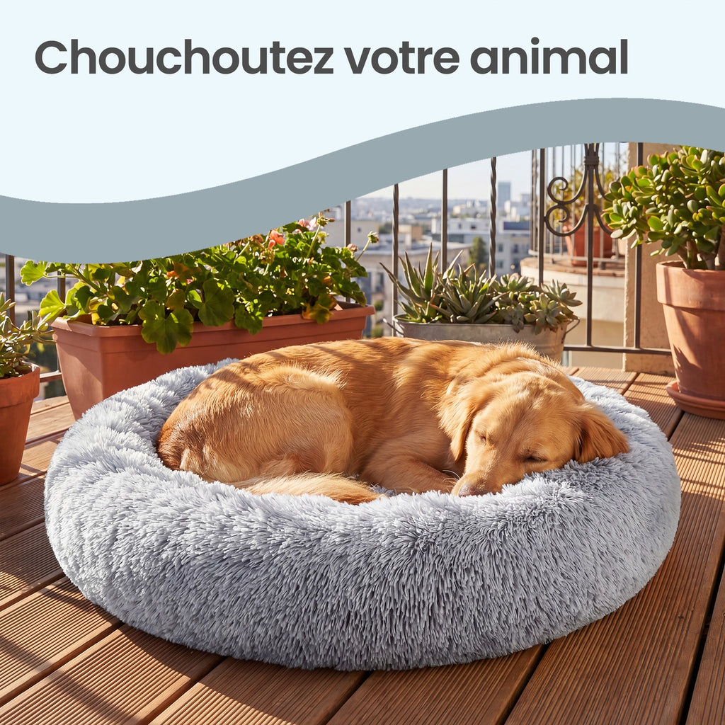 JOYFURNOS Lit donut apaisant moelleux pour chien avec housse amovible et lavable, Gris
