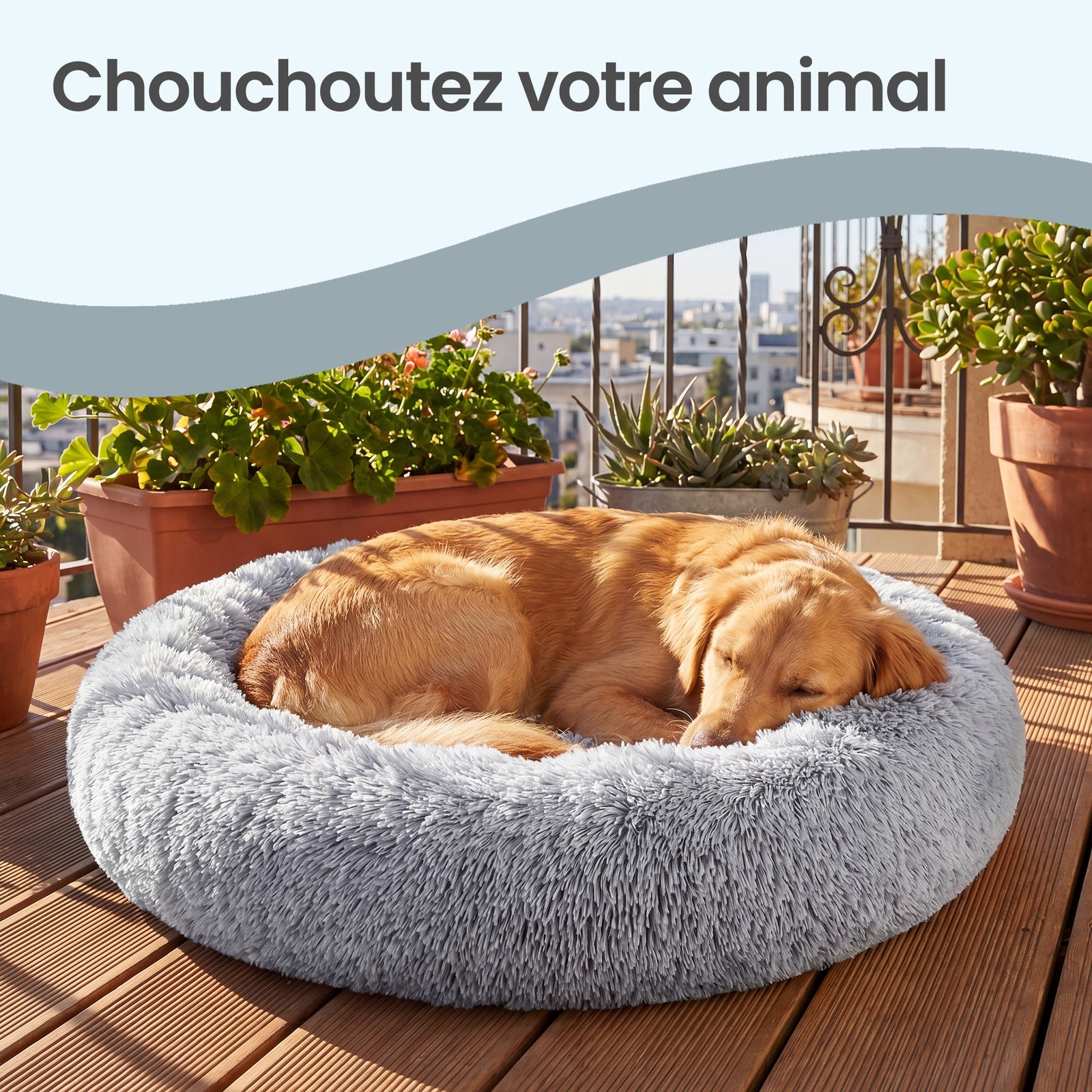 JOYFURNOS Lit donut apaisant moelleux pour chien avec housse amovible et lavable, Gris