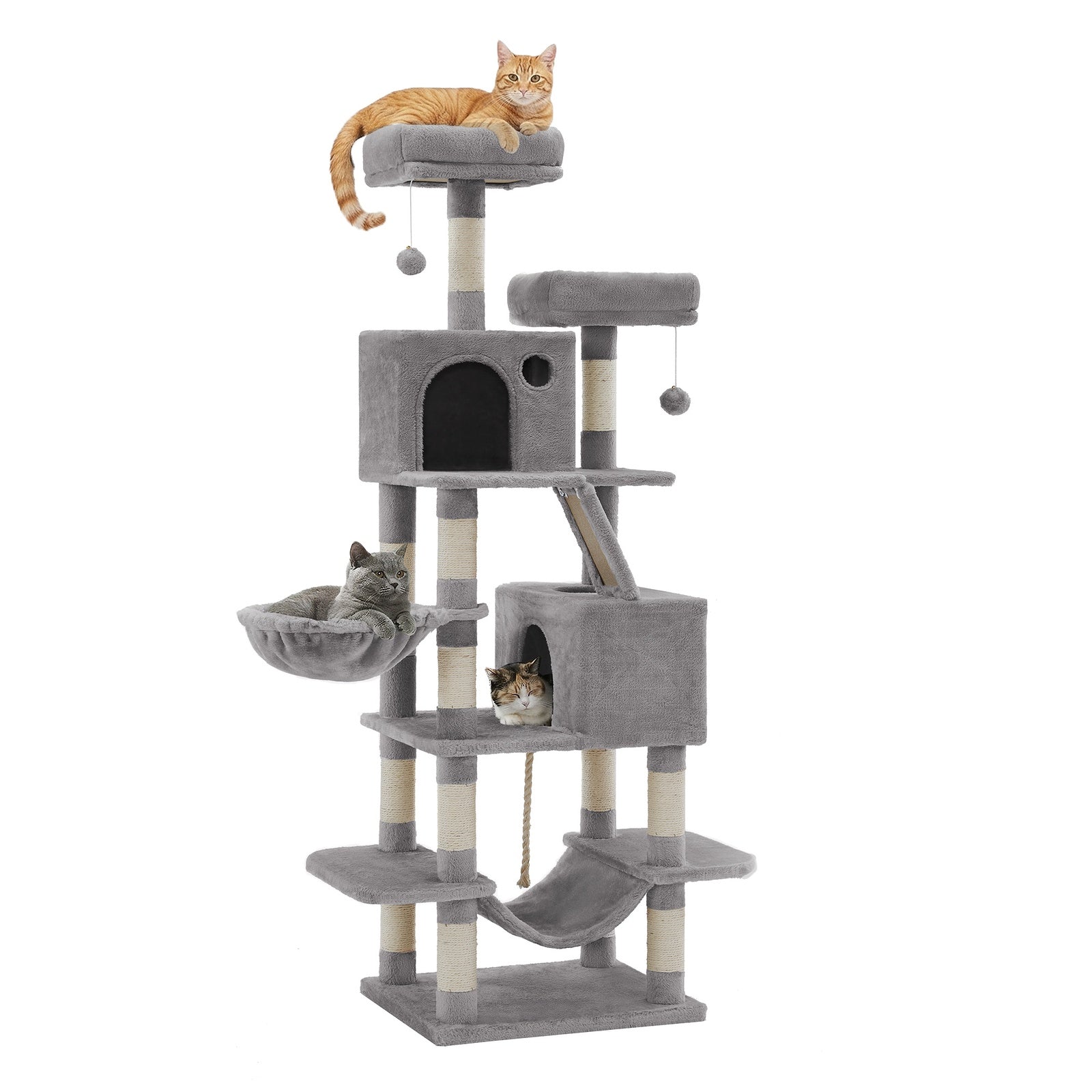 JOYFURNOS Arbre à chat, grande tour pour chat de 168 cm avec 13 poteaux à griffer, 1 rampe à griffer, 2 perchoirs, 2 niches, panier, hamac, pompons, gris clair