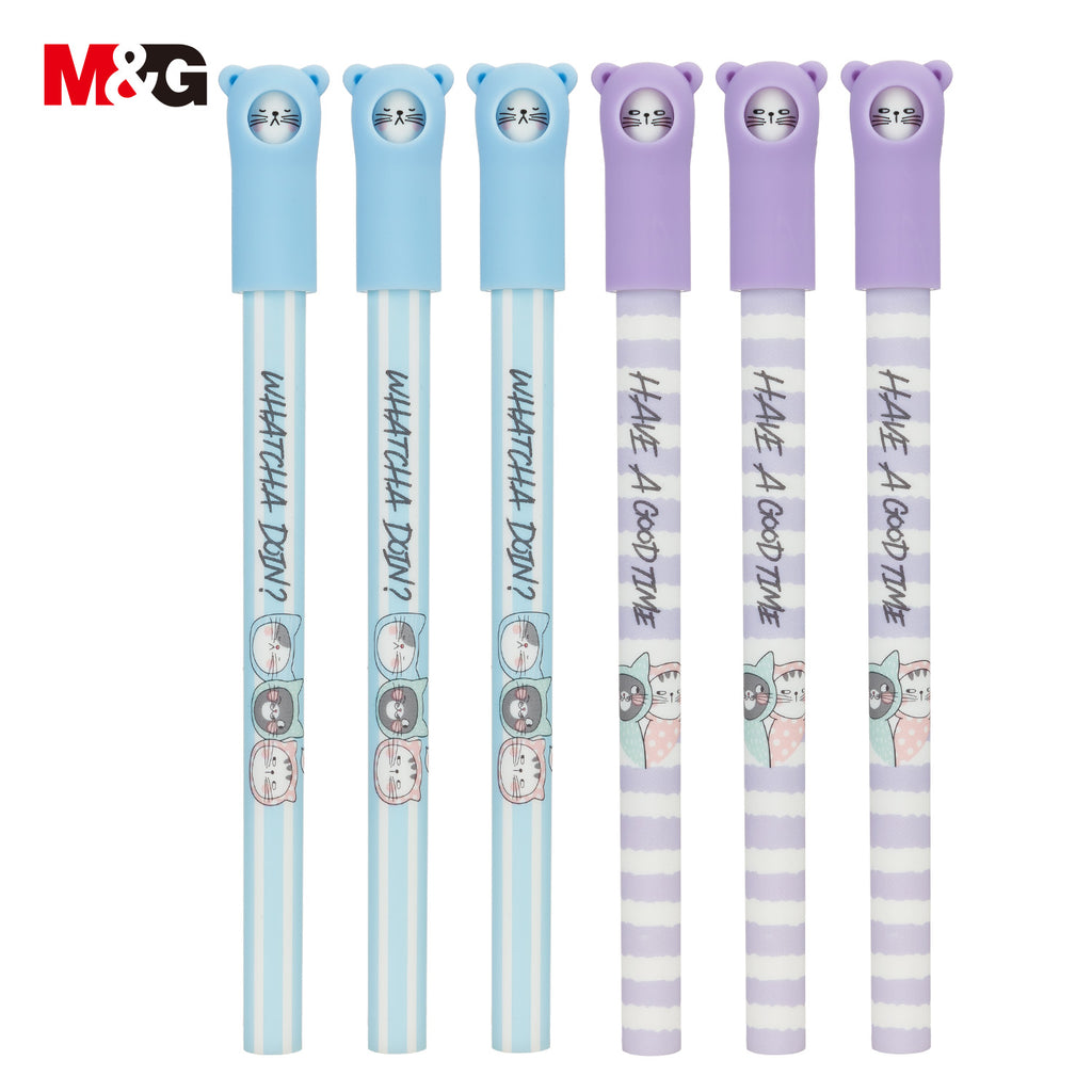 M&G So Many Cats Lot de 6 stylos gel à encre bleue, pointe moyenne 0,7 mm et motif de chat mignon