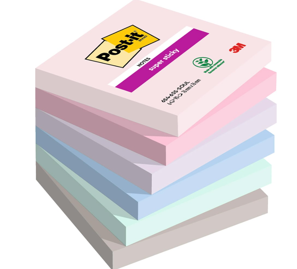 Post-It Notes ultra adhésifs couleurs vives 76 x 76, 90 feuilles, pack de 6
