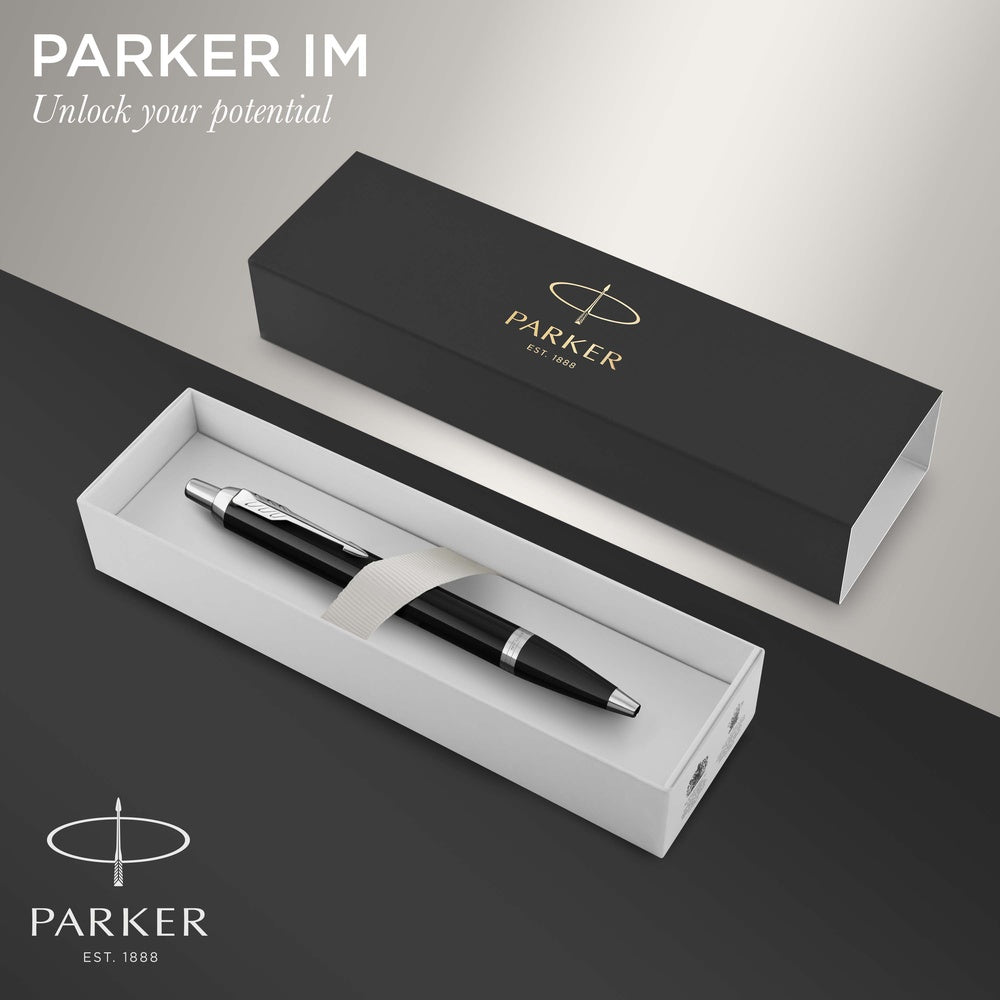 Parker IM stylo bille | laque noire avec attributs chromés| pointe moyenne| encre bleu | coffret cadeau