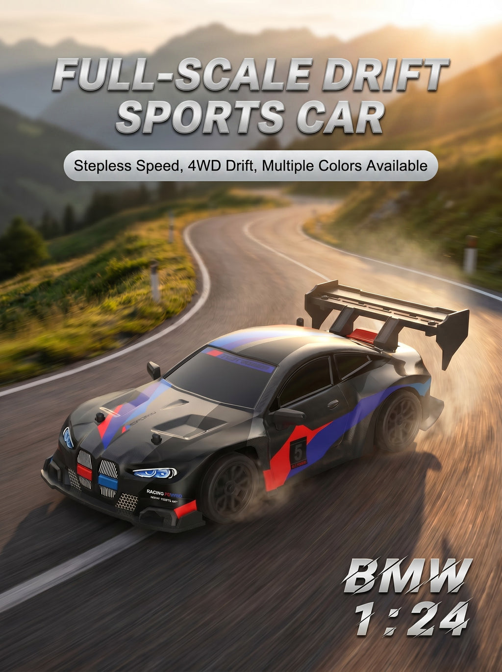 Voiture de Drift RC 4WD BMW 1:24, Contrôle Proportionnel 2,4 g, Lumières LED & Pneus Doubles, Jouet de Loisirs pour Enfants à Longue Portée de 50 m, One Piece en Noir