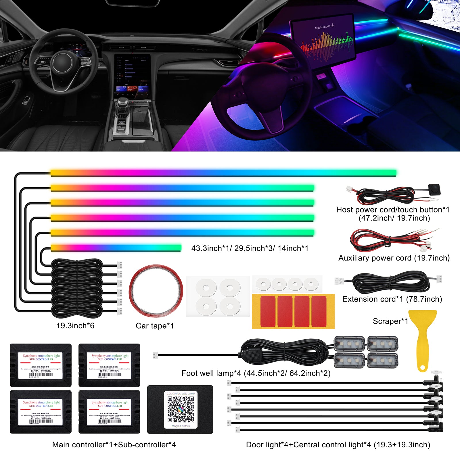VGETTING Bande lumineuse LED intérieure de voiture en acrylique couleurs de rêve avec application sans fil, RVB 18 en 1 avec 175 pouces 593 LED