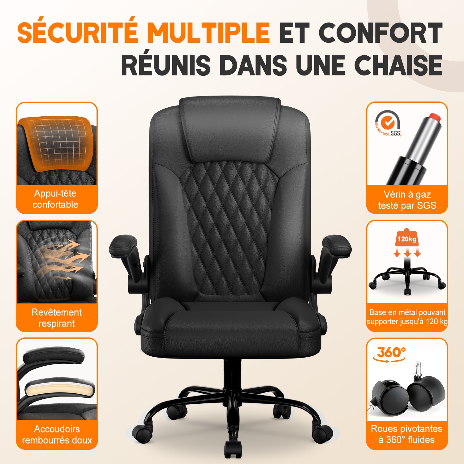 GTIMEX Chaise de Bureau Ergonomique en Similicuir, Accoudoirs Rabattables à 90°, Fonction Bascule 90-120°, Soutien Lombaire, Hauteur Réglable, Capacité de Charge 150 kg