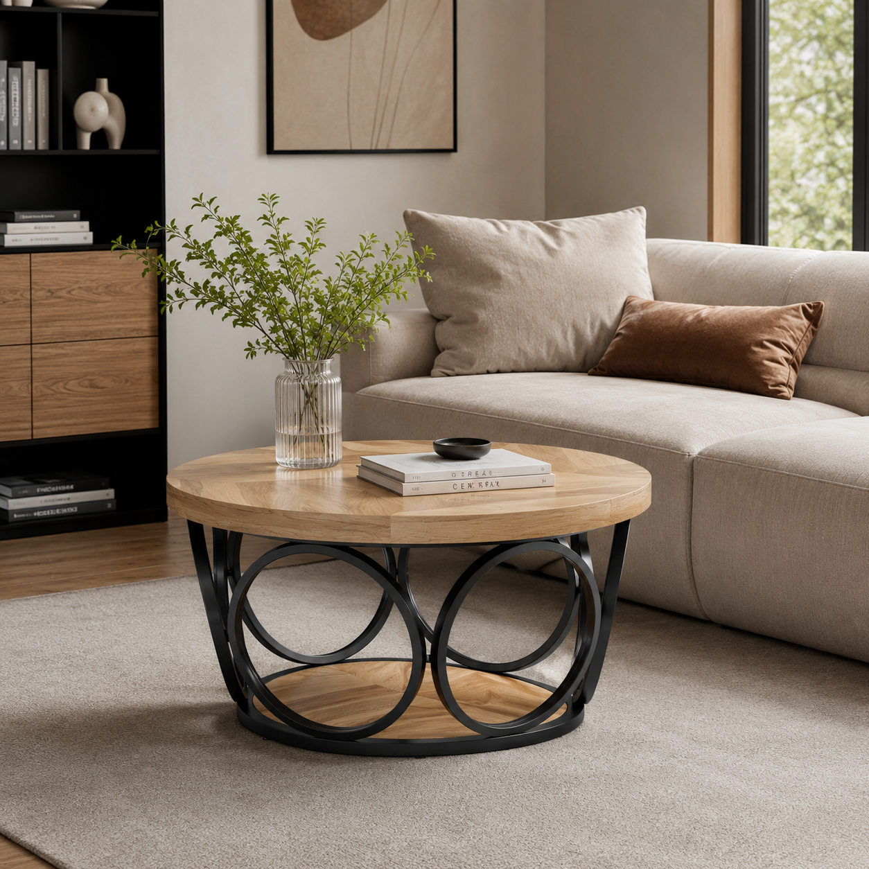 Tribesigns Table basse ronde 80 cm style ferme, rangement 2 niveaux, cadre en métal, grain de bois marron