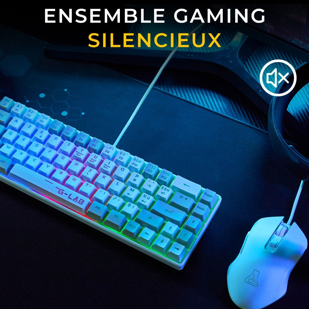THE G-LAB Hydrogen Combo Set Clavier et Souris Gaming Filaire - AZERTY, 7200 DPI, 6 Boutons - Blanc/Gris