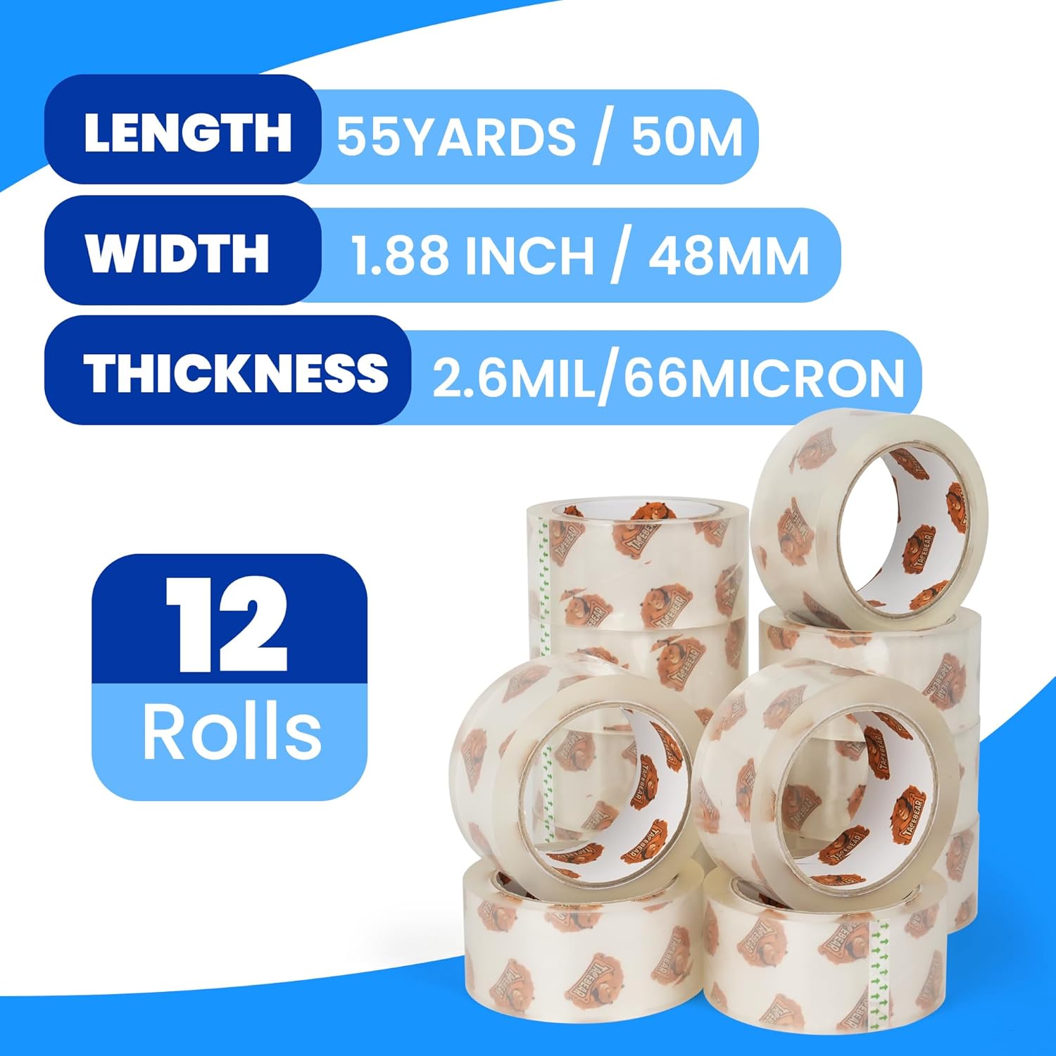 TAPEBEAR Ruban d’emballage silencieux, haute transparence améliorée, 66 µm x 4,8 cm x 50 m, recharges de ruban d’emballage, ruban d’expédition robuste pour scellage