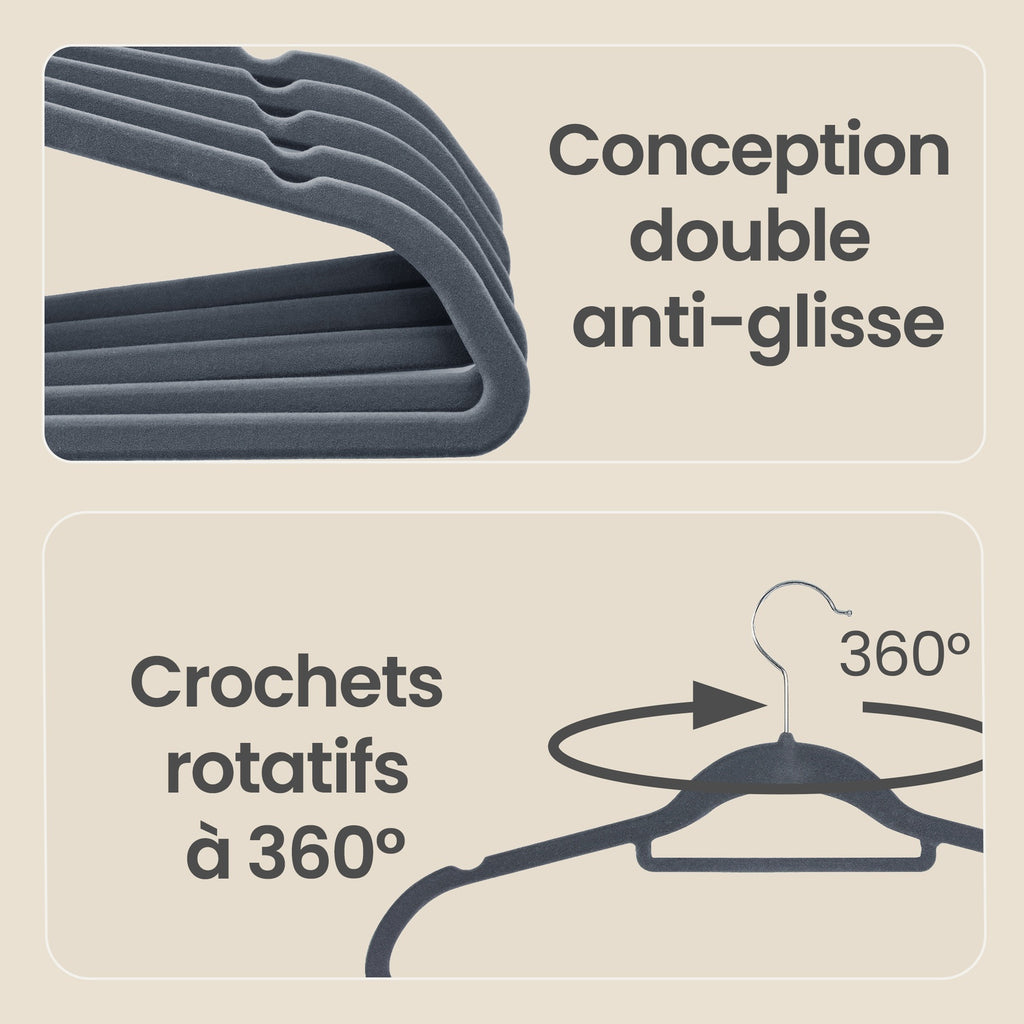 JOYFURNOS Lot de 20 cintres en velours avec surface antidérapante, barre à cravates et crochet pivotant à 360°, cintres à vêtements fins de 0,6 cm d'épaisseur pour un gain de place