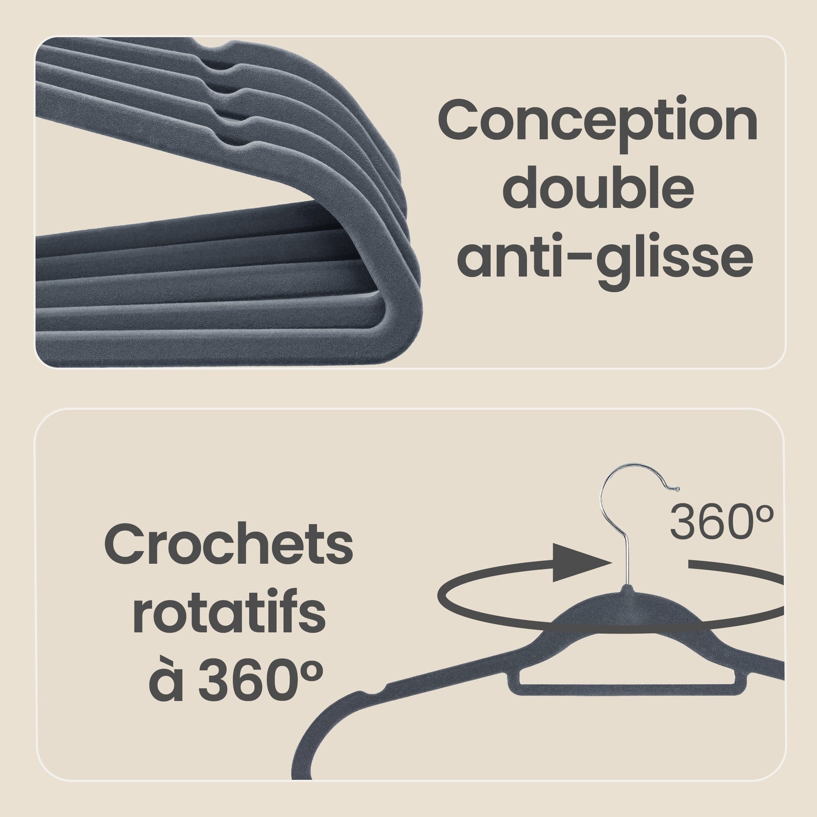 JOYFURNOS Lot de 20 cintres en velours avec surface antidérapante, barre à cravates et crochet pivotant à 360°, cintres à vêtements fins de 0,6 cm d'épaisseur pour un gain de place