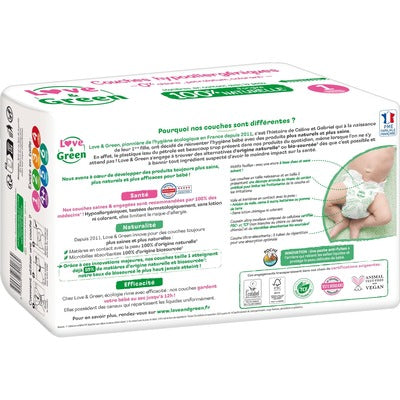 LOVE & GREEN Couches Bébé Taille 1 2-5kg Hypoallergéniques Naturelles 44 couches