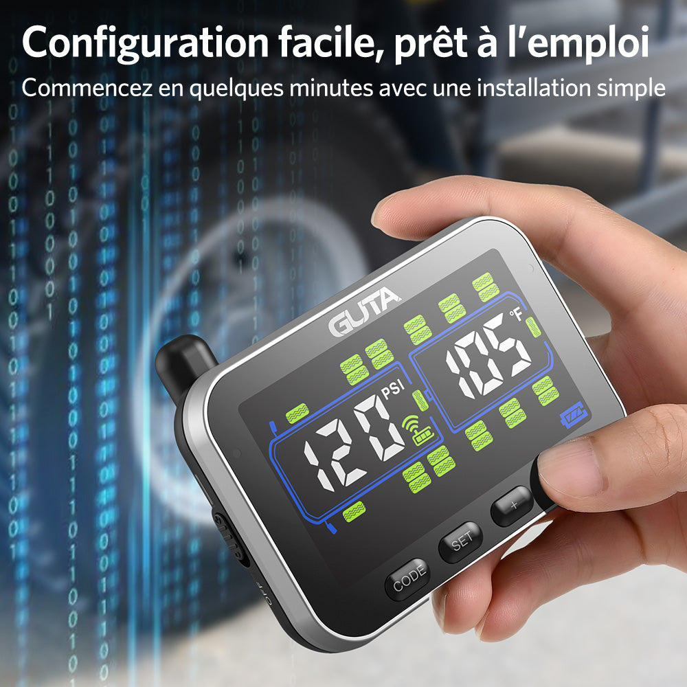GUTA Système de surveillance de la pression des pneus pour camping-car/remorque avec 6 capteurs, surveillance en temps réel de 0 à 188 PSI, 6 alarmes, écran couleur LCD, répéteur