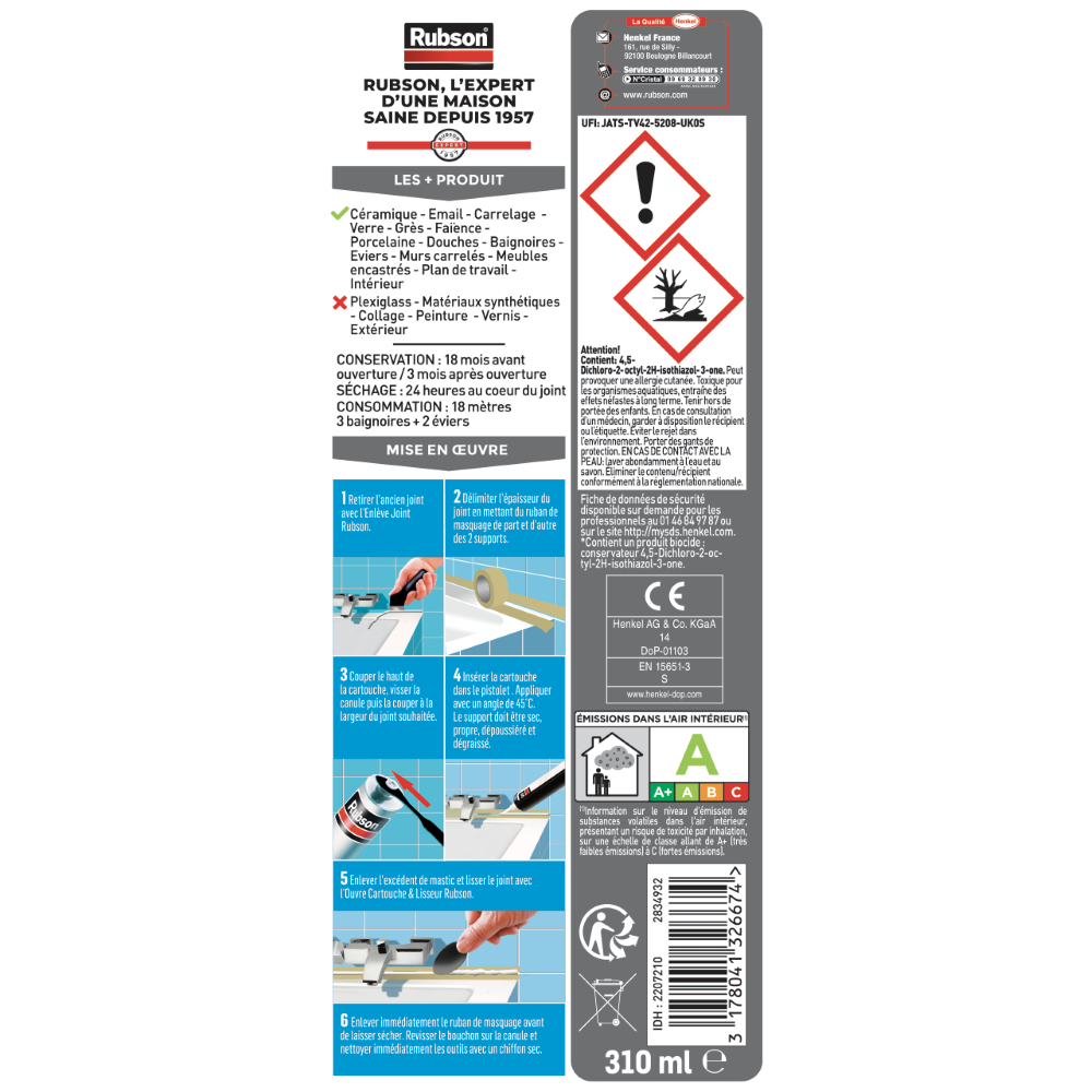 Henkel Rubson, Mastic Bain & Cuisine Silicone Évite Les Moisissures Blanc (cartouche de 280 ml) – Mastic sanitaire à base de silicone – Mastic étanche renforcé en antifongique