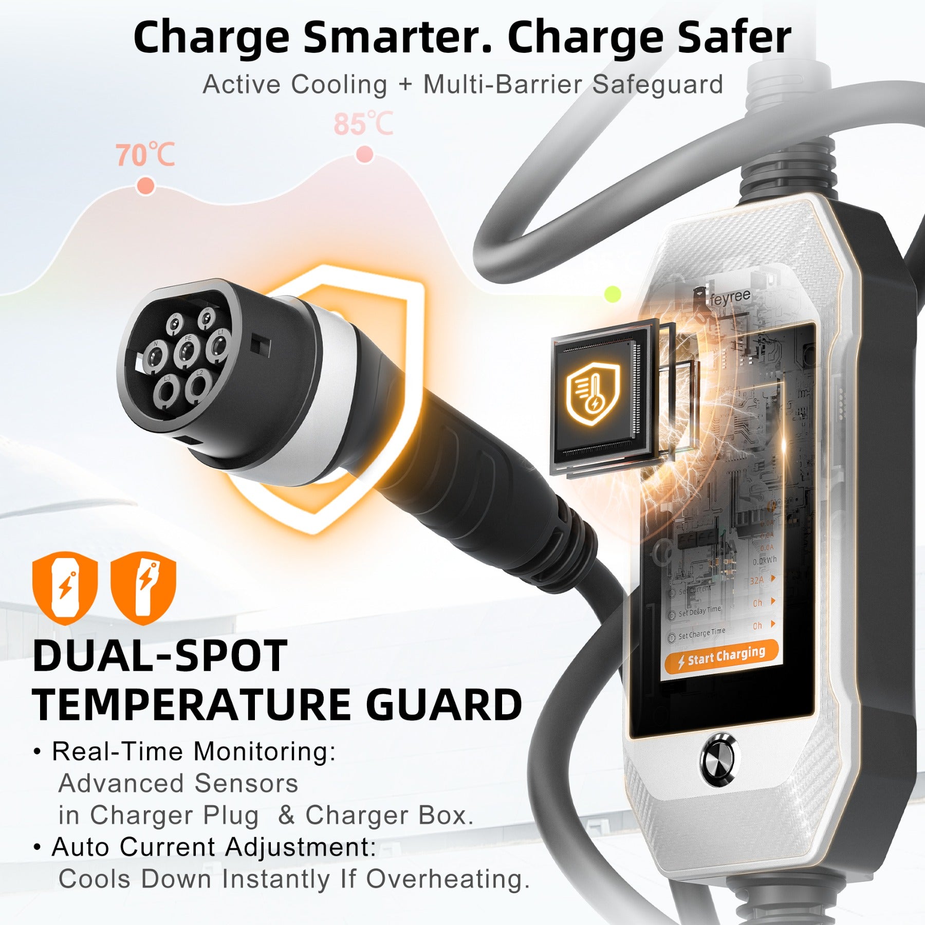 feyree Chargeur de voiture électrique portable avec écran tactile 4,3 pouces, Type 2, 7 kW, 32 A, réglable avec adaptateur, contrôle Wi-Fi via application intelligente pour voiture électrique